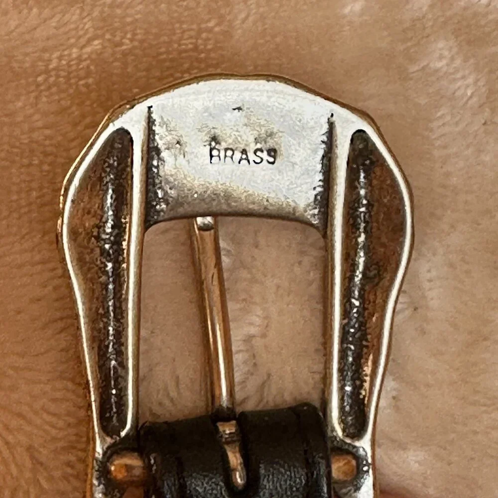 Southwestern Brass Buckle Woven Black Leather Strap Belt Women's 30